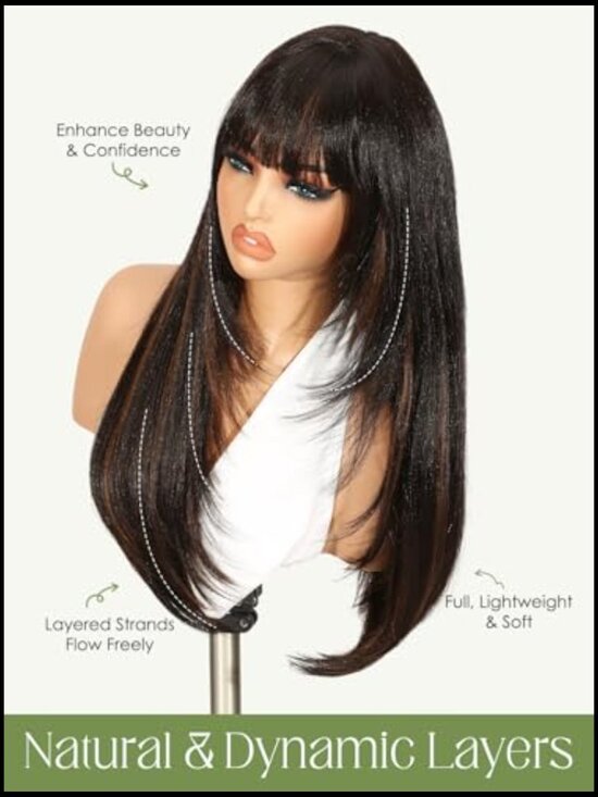 Long Straight Layered Wig with Bangs Heat Resistant Synthetic Full Head Easy main image 6